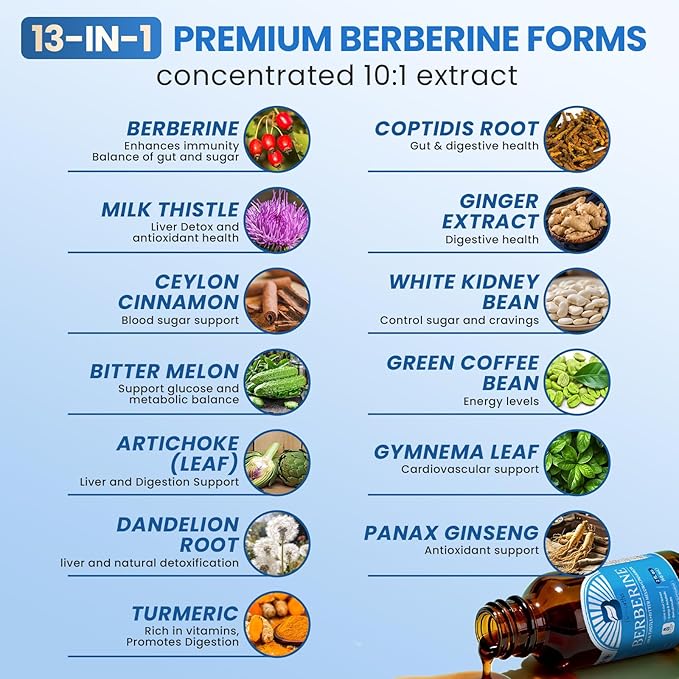 Berberine Supplement with Ceylon Cinnamon - Berberine Liquid Drops with Turmeric Curcumin, Ceylon Cinnamon, Bitter Melon, Berberine Phytosome for Digestion System, Immune Health Support -Vegetarian