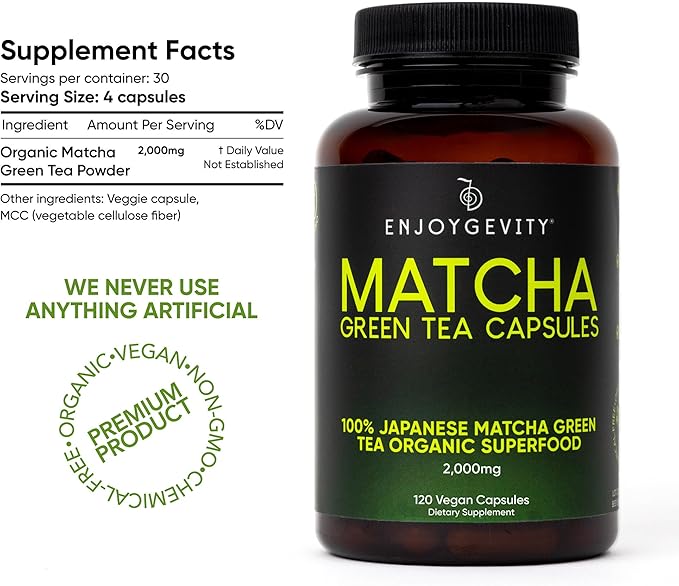 Organic Matcha Green Tea Capsules - Natural Energy Boost - Clean Gradual Caffeine - Japanese Matcha Green Tea Pills - 100% Natural Antioxidant - Calming and Relaxing - 120 Daily Capsules - 2,000/mg