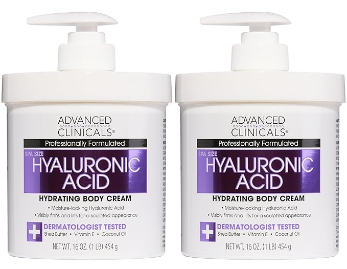 Advanced Clinicals Hyaluronic Acid Moisturizer Body Cream With Vitamin E | Hydrating Cream & Body Lotion For Women & Men To Help Improve Look of Wrinkles, Dry Skin, Crepey Looking Skin, 16OZ, 2-Pack