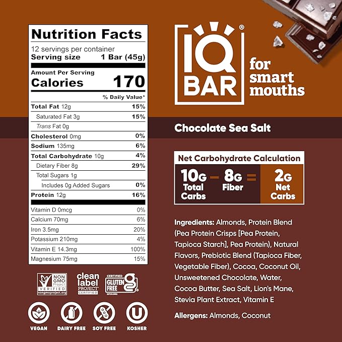 IQBAR Clean Plant Protein Bars - Chocolate Sea Salt - 24 Count - Keto, Vegan, High Fiber, Gluten and Dairy Free, Low Sugar Snack - Brain and Body Nutrients for Focus, Energy, Meal Replacement