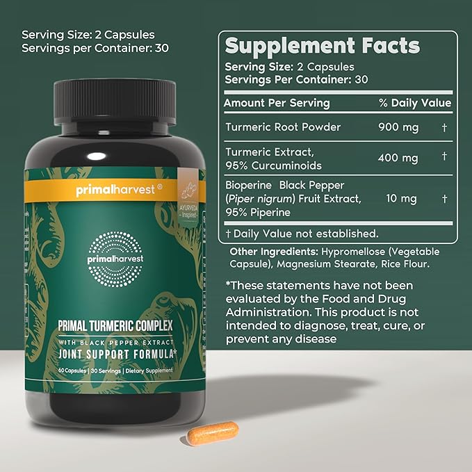 Primal Harvest 1 Pack, Primal Turmeric Complex w/Black Pepper Extract, Joint and Mobility Support Turmeric Supplement for Women & Men, 60 Capsules