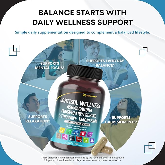 CORTISOL Wellness Magnesium Ashwagandha L-Theanine Phosphatidylserine Rhodiola Rosea Passionflower Lavender Chamomile -150 Capsules