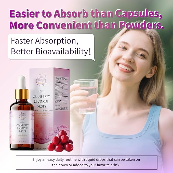 Cranberry & D-Mannose Drops for Women - Urinary* Tract Support - Liquid Herbal Tincture Supplement - Sugar-Free, Fast Absorption, 2 fl oz