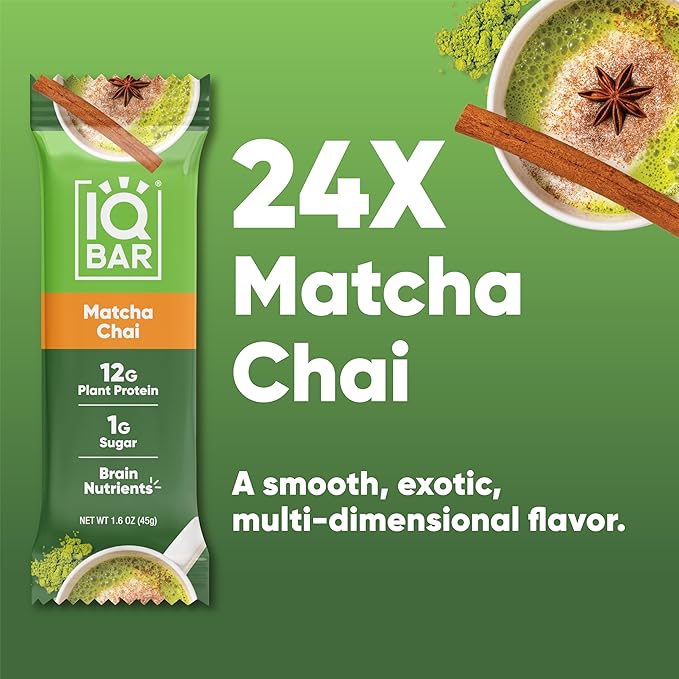 IQBAR Clean Plant Protein Bars - Matcha Chai - 24 Count - Keto, Vegan, High Fiber, Gluten and Dairy Free, Low Sugar Snack - Brain and Body Nutrients for Focus, Energy, Meal Replacement