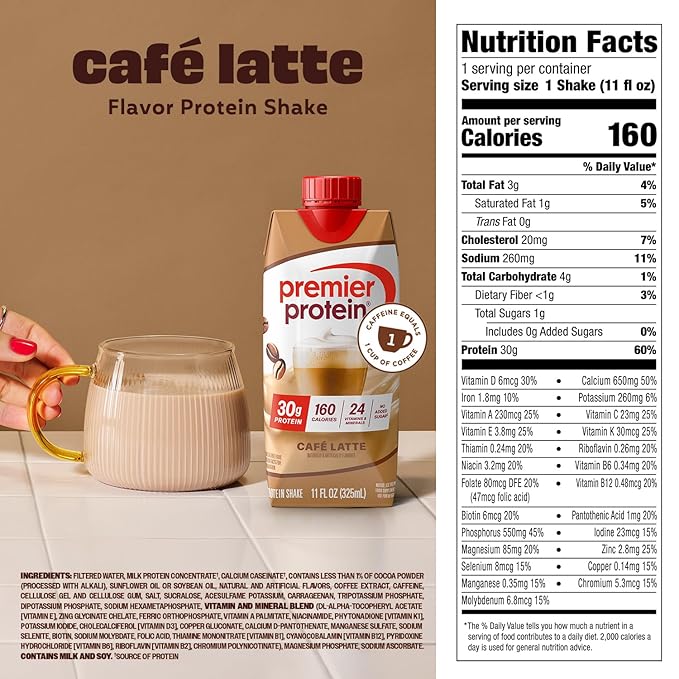 Premier Protein Shake, Café Latte with Caffeine for Energy – 30g Protein, No Added Sugar, 24 Vitamins & Minerals to Support Immune Health, 11 fl oz, 4 Pack