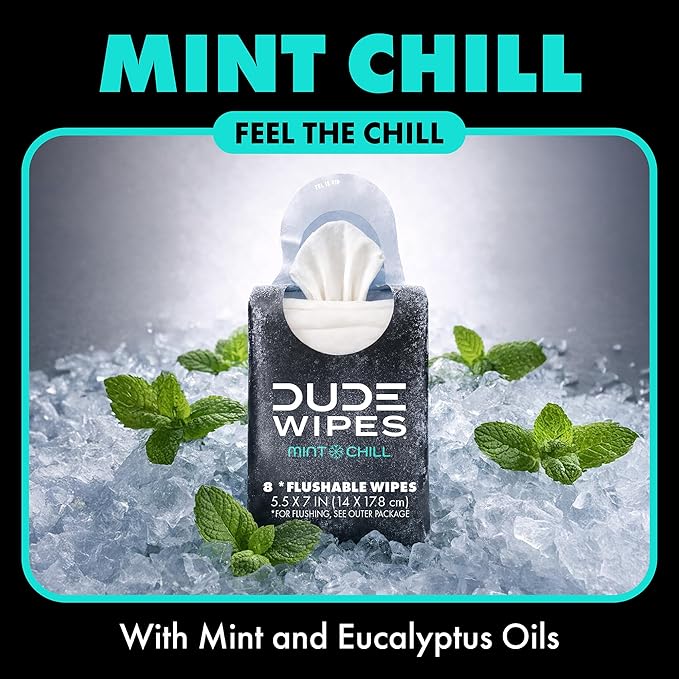 DUDE Wipes Mint Chill Pocket Packs - Travel Wipes - 6 Packs of 8 (48 Count) - On-The-Go Adult Flushable Wipes - Infused with Tea Tree Oil, Vitamin E, and Aloe - Septic and Sewer Safe