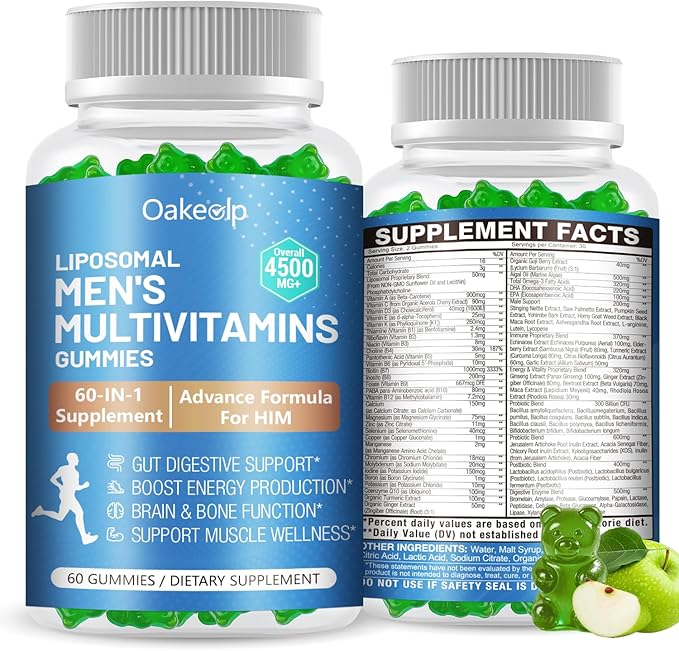 60-IN-1 Liposomal 120+ Nutrients Men's Multivitamin Gummy 4500MG+ Overall,300Billion Probiotics, Algal DHA, CoQ10, Turmeric & Herbal Blends,for Immune, Energy, Prostate, Heart, and Digestive Wellness