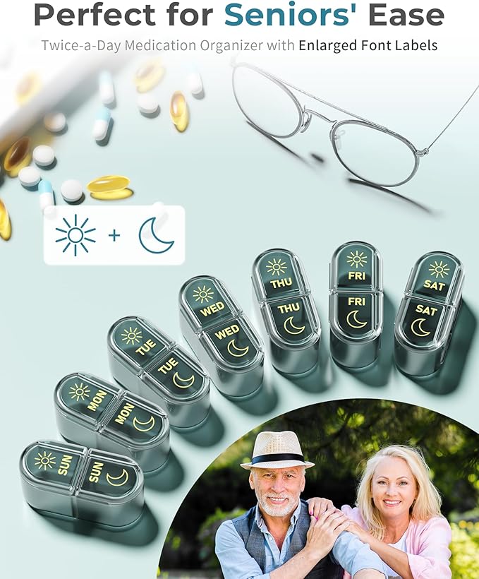 Pillex Pill Organizer 2 Times a Day, AM PM Pill Box 7 Day, Weekly Medicine Organizer with Large Capacity, Travel Pill Case for Medication, Vitamins, Fish Oils, Supplements (Easy to Use, Portable)