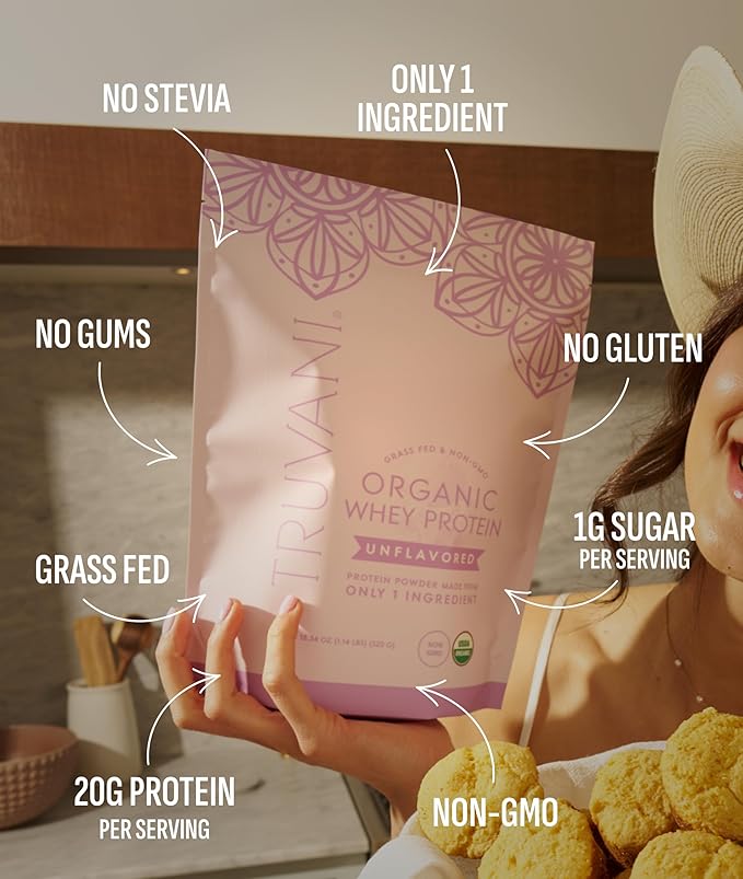 Truvani Organic Whey Protein Powder | Unflavored | 20g Grass Fed Whey Protein | 20 Servings | USDA Organic & Non-GMO | Gluten Free | No Gums, No Soy, No Stevia, No Added Sugars