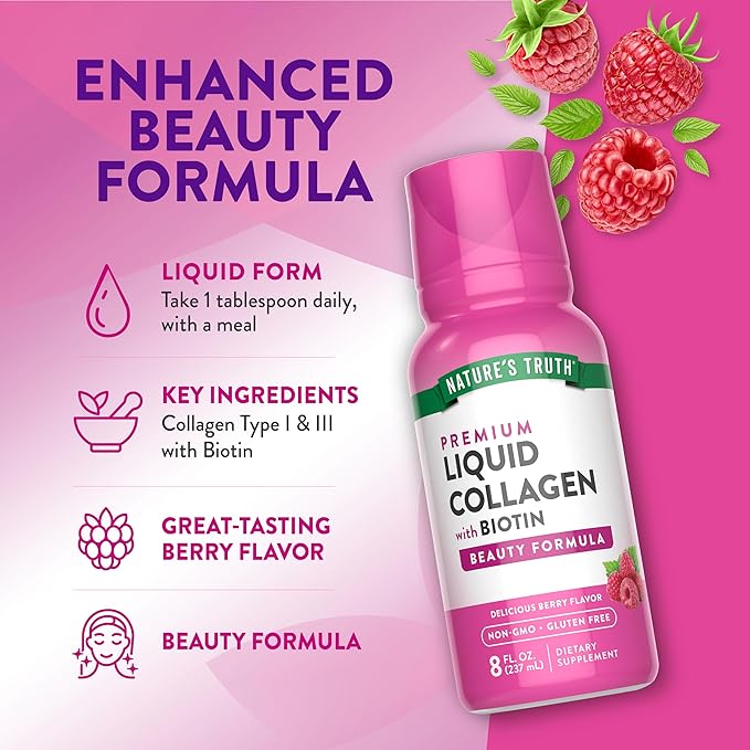 Nature's Truth Liquid Collagen Supplement with Biotin | Type 1 & 3 | Berry Flavor | 8 fl oz | Non-GMO & Gluten Free