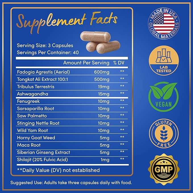 Fadogia Agrestis and Tongkat Ali Supplement - Fadogia Agrestis 600mg, 500mg Longjack Tongkat Ali for Men, Maca Root, Fenugreek, Ashwagandha, Saw Palmetto to Support Energy, Stamina, Vitality - 120Caps