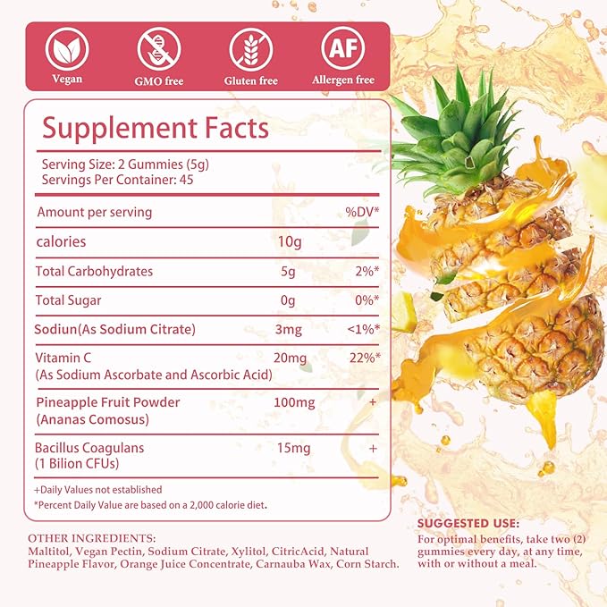 Pineapple Gummies for Women pH - Feminine Balance Gummies for Flora and Vaginal Health + Vitamin C for Immune Support, Probiotics Women's pH Balance Gummy Nutrition Vegan Friendly, 90 Counts