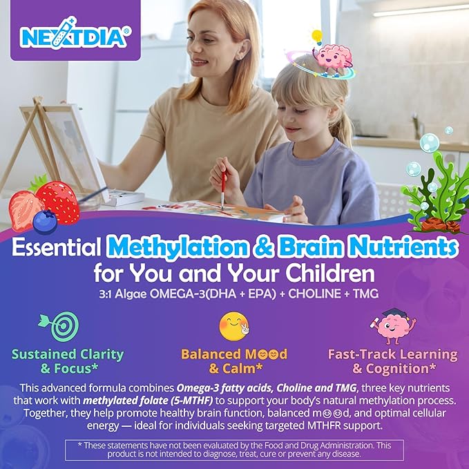 L-Methylfolate 1000 mcg + Methyl B12 Gummies for Kids & Adults - Active 5-MTHF, w/Omega-3 DHA & EPA(3:1), Choline & TMG, B6, Supports MTHFR Gene, Brain, Energy & Methylation, Sugar free, 120 Cts