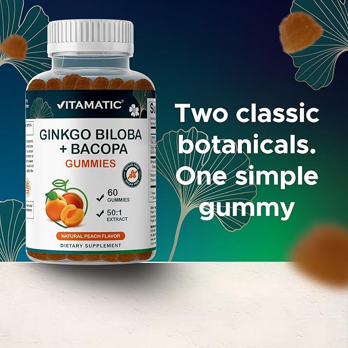 Vitamatic Ginkgo Biloba & Bacopa Gummies – Plant-Based Botanical Extract – Natural Peach Flavor – Vegan, Non-GMO, Gluten-Free – Herbal Supplement – 60 Count