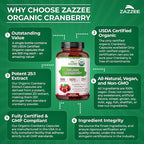 Zazzee USDA Organic Cranberry 25:1 Extract, 500 mg per Capsule, 100 Vegan Capsules, 3+ Month Supply, Certified Kosher, Vaccinium Macrocarpon, Urinary Tract & Bladder Support, Non-GMO, Made in the USA