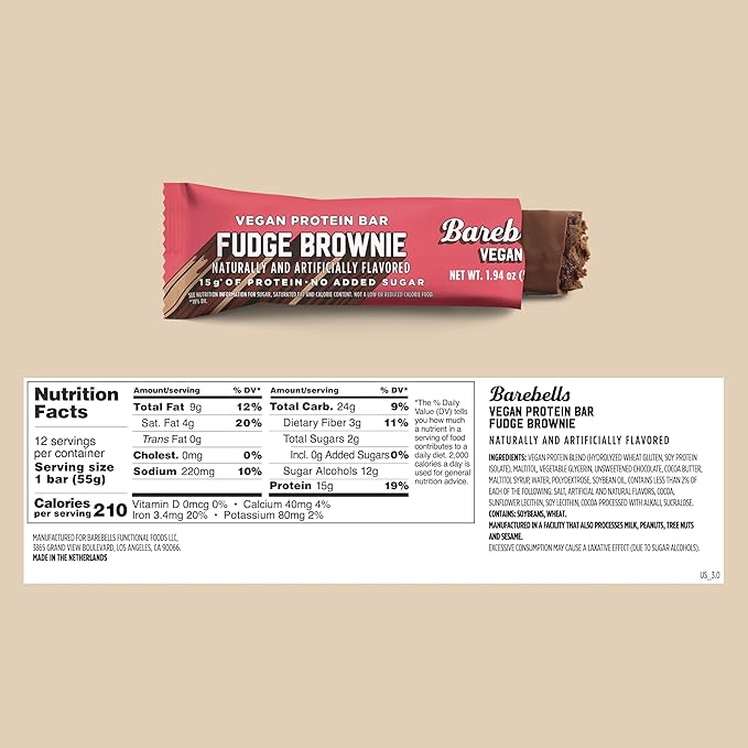 Barebells Vegan Protein Bars Fudge Brownie, Plant Based with High Protein - Chocolate Protein Bars - Perfect on The Go Protein Snack & Breakfast Bars 12 Count (Pack of 1)
