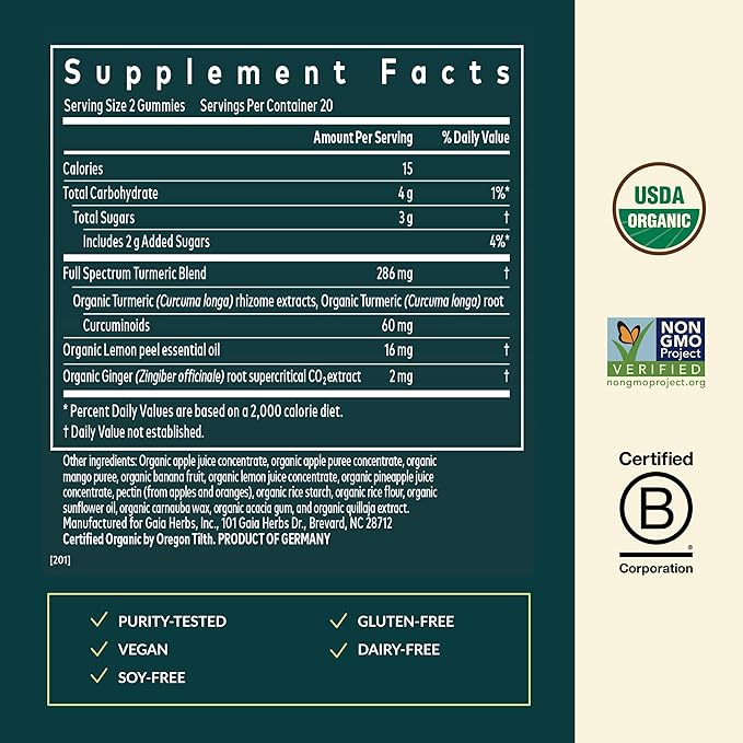 Gaia Herbs Turmeric Supreme Adult Daily - Daily Support for Healthy, Active Lifestyle* - USDA Certified Organic Blend of Turmeric & Supportive Herbs - 40 Vegan Gummies (20 Servings)
