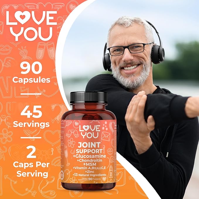 Love You Joint Support Supplement for Relief - Glucosamine, Chondroitin, MSM & Turmeric - Supports Mobility & Flexibility (Bones, Back, Knees, Hands), 90 Tablets, 45-Day Supply - Made in USA