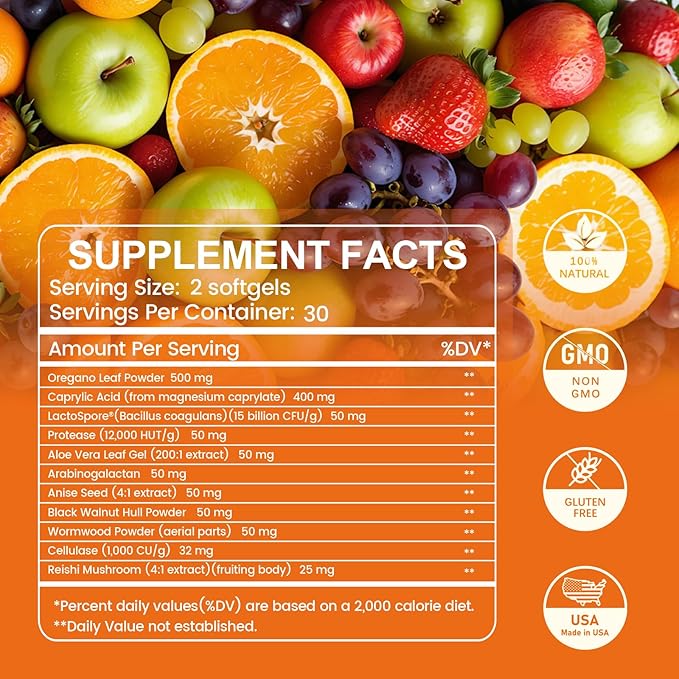 11-in-1 Candida Support Supplement, Antifungal Overgrowth, Intestinal Detox & Gut Health for Women & Men, Balance Probiotic, Natural Herbal Oregano & Caprylic Acid Softgels, 240 Count