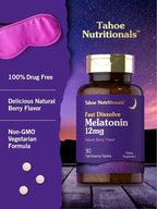Tahoe Nutritionals Melatonin 12mg Fast Dissolve Tablets | 90 Pills | Berry Flavored Supplement for Adults | Vegetarian, Non-GMO, Gluten Free