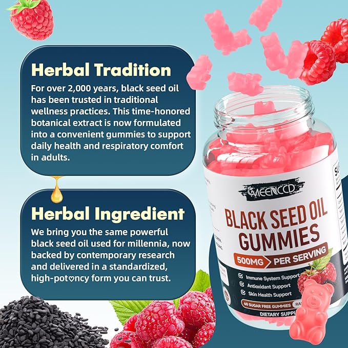 MEENCCD 2 Pack Black Seed Oil Gummies, Nigella Sativa Black Seed Oil Supplement for Antioxidant Support, Vegan, Non-GMO, Suagr-Free, Raspberry Flavor, 120 Count