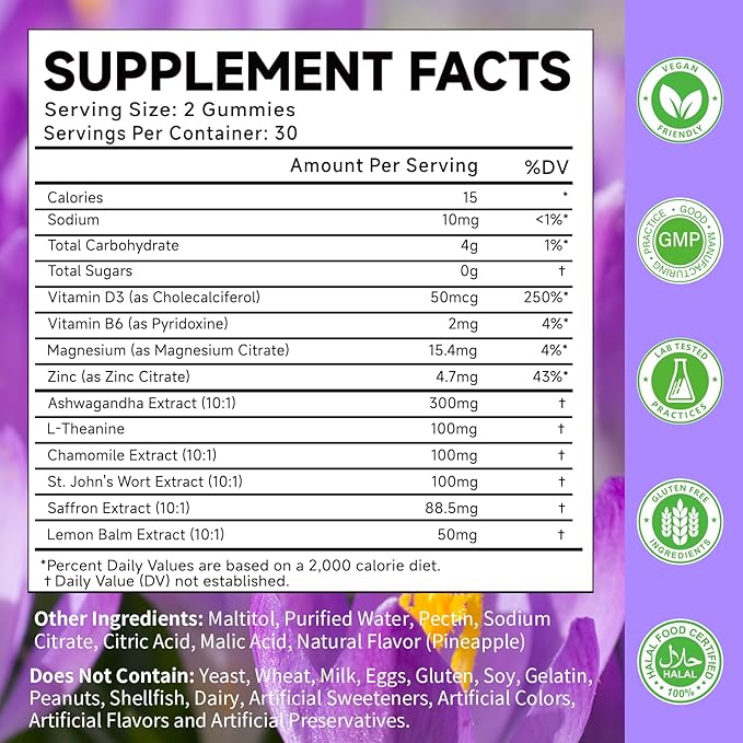 Saffron Gummies for Adult Kids, 10-IN-1 Cortisol Support Supplement with Saffron 88.5mg, Vitamin D3, B6, Magnesium, Zinc, Ashwagandha, L-Theanine, St. John's Wort, For Emotions, Slumber, 120 Count