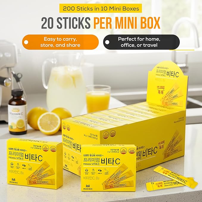 MOHNIC] 200 Sticks Korean Vitamin C Powder with B2, Lemon Flavor, VIT C Packets, Natural C Blend, Super C Mix, Sufficient-C Style, Pure C Blend from Korean Supplements