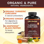 Life's Fortune Organic Turmeric Curcumin with Black Pepper and Ginger, Enhanced Absorption, Extra Strength Supplement, Joint & Immune Support, Non-GMO, 180 Cap - 2250mg