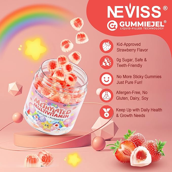 Kids Multivitamin Gummies + Calcium, Probiotics, Vitamin D3, C, Methylated B12 & Methylfolate, B6, A, K2, E, Zinc, Prebiotics for Children Ages 4+, Clean & Sugar Free, for Nutritional Support, 120 Cts