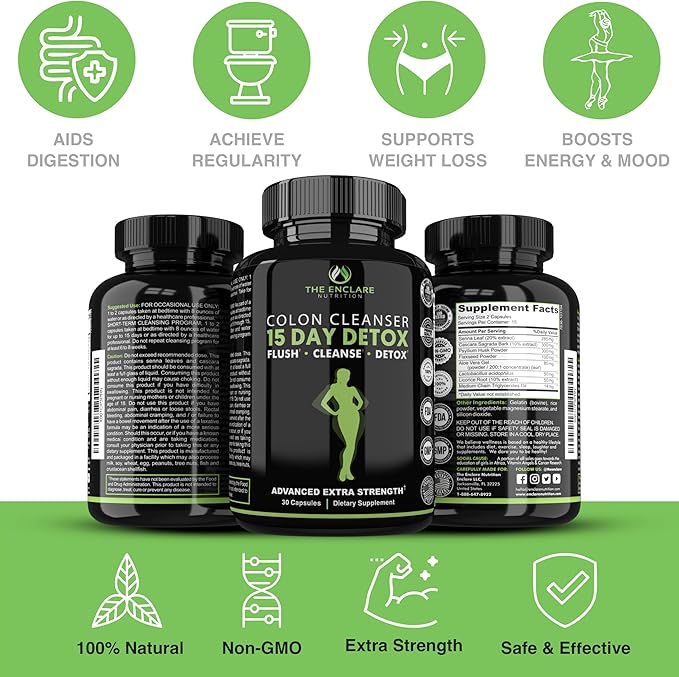THE ENCLARE NUTRITION Colon Cleanse 15 Day Gut Cleanse Pills - Colon Cleanser for Women & Men - Psyllium Probiotic Laxatives for Constipation, Bloating Relief, Detox Cleanse Weight Loss Support (1)