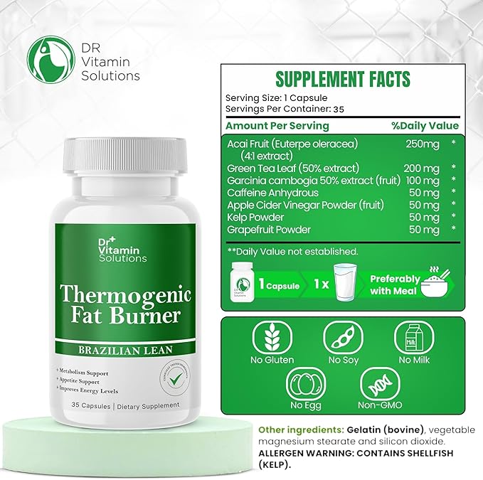 Thermogenic Fat Burner Brazilian Lean - Weight Loss Pills for Women & Men | Appetite Suppressant & Metabolism Booster w/Green Tea, Garcinia | Belly Fat, Energy & Bloating Support - 35 Capsules