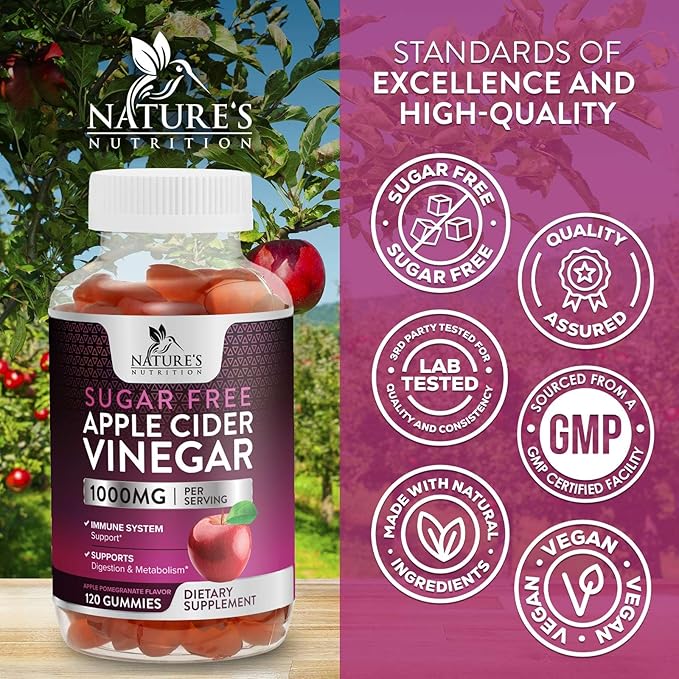 Apple Cider Vinegar Gummies for Weight Loss, Zero Sugar - Apple Cider Vinegar Powder 1000mg Per Serving - Vegan Apple Cider Vinegar Gummy for Detox & Cleanse - Sugar Free ACV Supplement - 120 Gummies