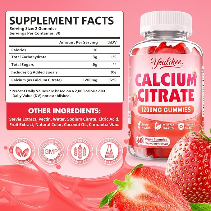 2 Pack Calcium Citrate Gummies 1200 mg, Calcium Supplement for Women & Men, Ultimate Absorption Calcium Gummies for Bone, Muscle & Immune Support, Strawberry Flavor, 120 Count