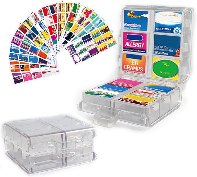 Large Pill Organizer with Medicine Labels, Pill Dispenser 12-Compartment Travel Medication Storage Case, 7-Day Pill Box for Vitamins & Supplements (White, 161 Labels)