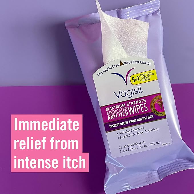 Vagisil Maximum Strength Feminine Anti-Itch Cream & Wipes with Benzocaine for Women, Instant Relief, 20 Wipes (Pack of 1)