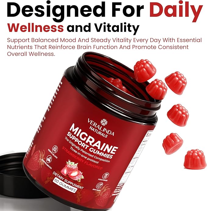 Veralinda Migraine Gummies – Original Triple Protocol Formula, 60 Gummies with Magnesium, Riboflavin B2 & Feverfew – Natural Brain Health Supplement for Migraine Wellness Support for Women & Men