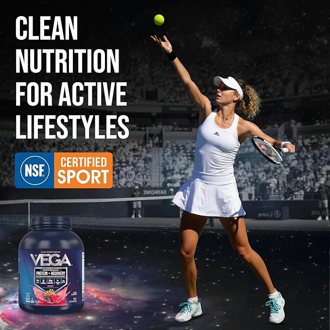 Vega Sport Vegan Protein Powder + Recovery - 30g Plant Based Protein per Serving, Berry, 45 Servings, 5g BCAAs, Probiotics, NSF Certified, for Shakes & Smoothies, 4.2lbs (Packaging May Vary)
