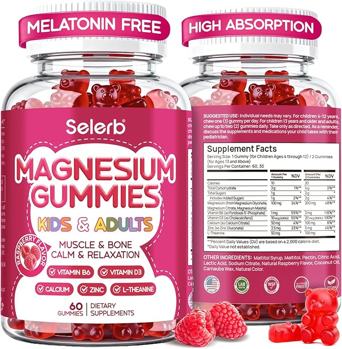 Magnesium Glycinate Gummies for Kids & Adults Melatonin Free Calm Magnesium Gummies with Citrate, Malate, B6, D3, Calcium & L-Theanine for Sleep Relaxation, Bone & Muscle Magnesium for Kids | 60 Count