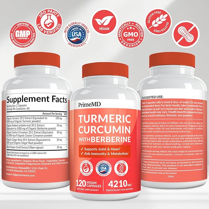 5-in-1 Organic Turmeric Curcumin Supplement (4210mg) with Berberine, Ceylon Cinnamon Bioperine and Ginger Supplements for Joint, Heart, Gut, & Metabolic Support (60 Servings) (Pack of 3)