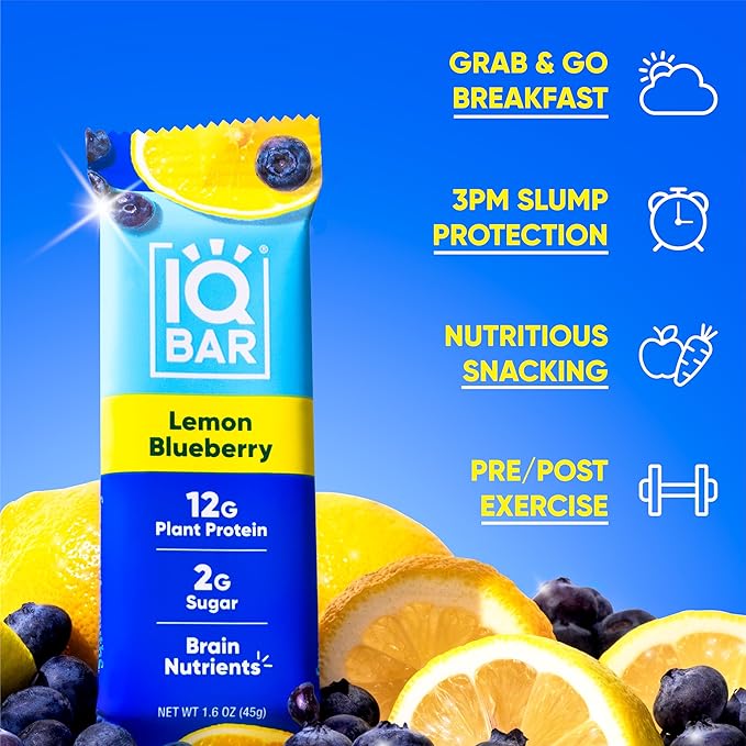 IQBAR Clean Plant Protein Bars - Lemon Blueberry - 12 Count - Keto, Vegan, High Fiber, Gluten and Dairy Free, Low Sugar Snack - Brain and Body Nutrients for Focus, Energy, Meal Replacement