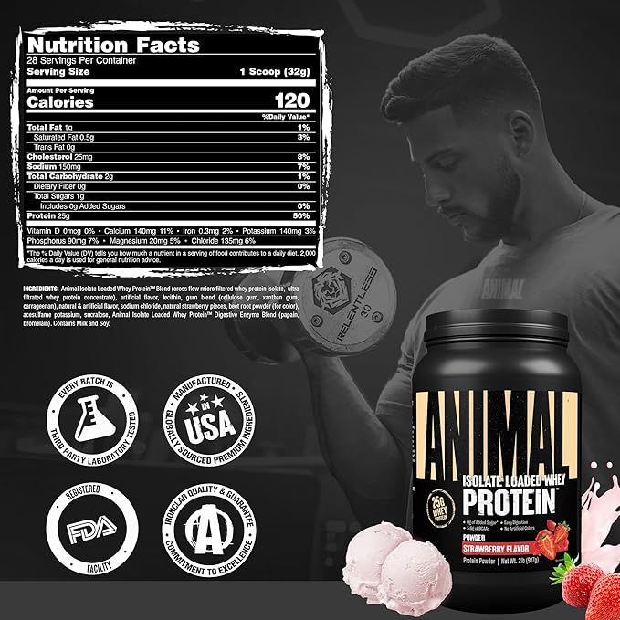 Animal Whey Isolate Protein Powder - Loaded for Pre & Post Workout Muscle Builder and Recovery with Digestive Enzymes for Men & Women - 25g Protein, Great Taste, Low Sugar - Strawberry 2 lbs