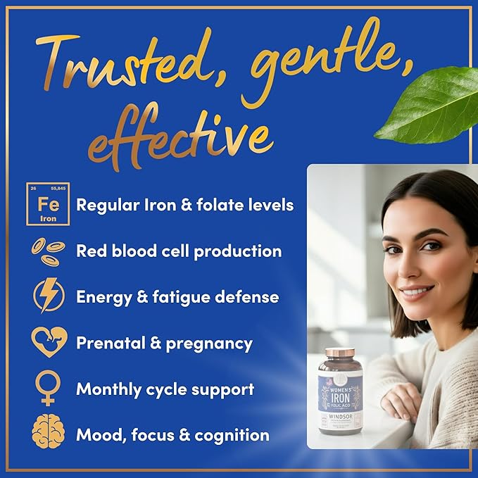 Iron and Folic Acid Supplements for Women - 35mg Gentle Iron Vitamin, Folic Acid 400mcg - Anemia, Period, Pregnancy Support Supplement, Ferrous Sulfate Pills - 120 Vegan Non-Constipating Tablets