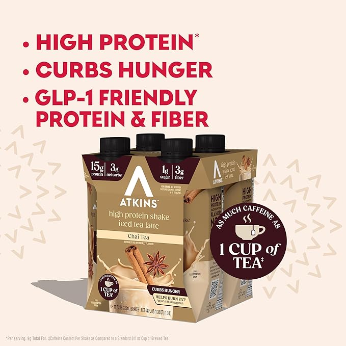 Atkins Chai Tea Latte Flavored Protein Shake, High Protein Shake, Low Glycemic, Low Carb, Low Sugar, Keto Friendly, Gluten Free, Ready to Drink Protein Shake, 12 count (3 sets of 4)