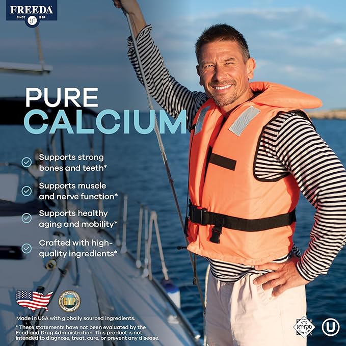 FREEDA Calcium 600 mg – Bone, Joint and Teeth Support – 600mg Pure Calcium Supplements for Women & Men – Healthy Muscle and Nerve Function – GF, Easy-to-Swallow Coated Tablets (100 Ct)