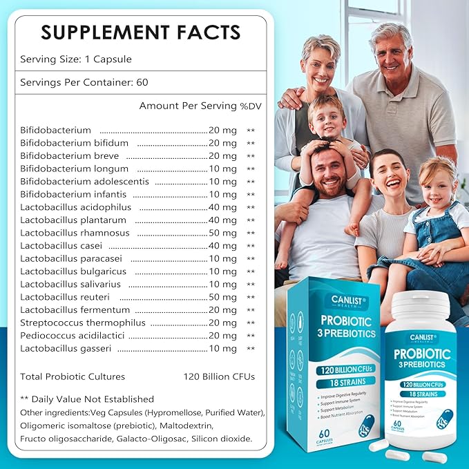 Probiotics 120 Billion CFUs 18 Strains, 3 Prebiotics & Digestive Enzymes for Men Women,Digestive & Immune Support,Shelf Stable Non-GMO 120 Capsules