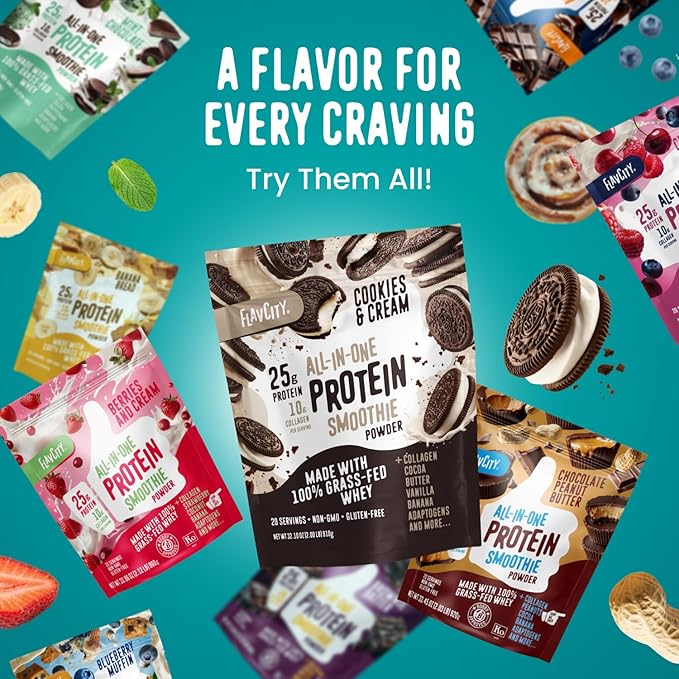 FlavCity All in One Protein Shake Powder, Butter Coffee - 55mg Caffeine + Collagen Peptides, Reishi & Cordyceps - Focus, Skin, Hair & Joint Support - 100% Grass Fed Whey, 20 Servings