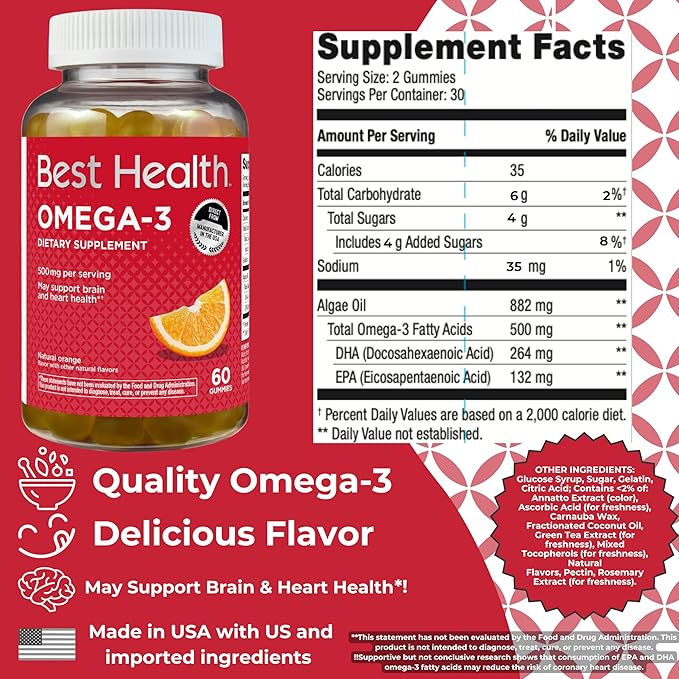 Omega-3 Gummies with 500mg of Omega-3 per Serving, Made from Algae, Natural Orange Flavor & Other Natural Flavors (60ct)