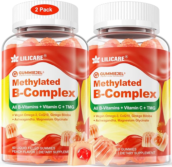LILICARE Women's & Men's Super Vitamin B Complex Filled Gummies, Methylated w/Omega 3, Magnesium,CoQ10, Ashwagandha,Vitamin C, TMG, Sugar Free - 60 Count (Pack of 2)