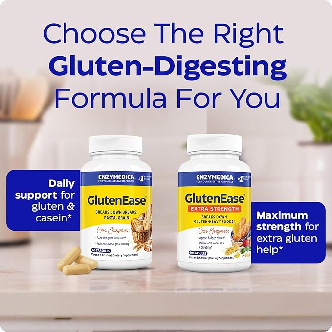 Enzymedica GlutenEase, Advanced Digestive Enzymes for Women and Men, Fast-Acting Formula for Bloating Relief & Digestive Health, Helps Break Down Gluten & Casein, 60 Capsules FFP