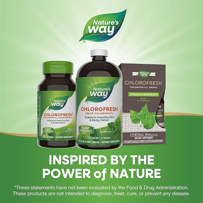 Nature’s Way Chlorofresh Liquid Chlorophyll, Chlorophyllin Copper Complex, Internal Deodorant Supplement, Supports Healthy Skin and Detox Pathways*, Mint Flavored, 16 fl oz